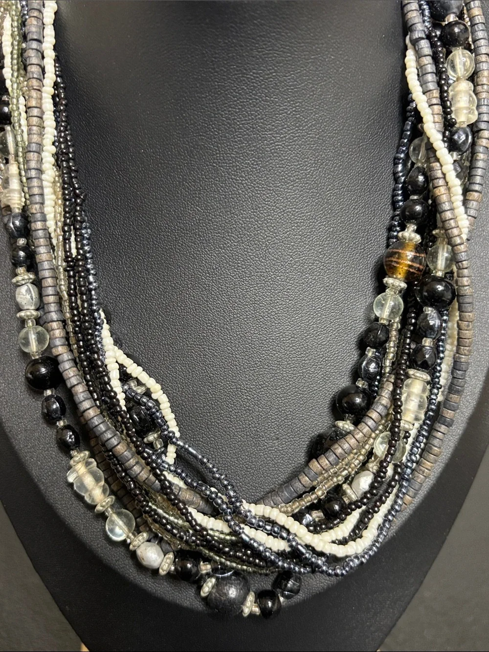Multi-Strand Mixed Media Glass Wood  Black Gray Beaded Statement Necklace